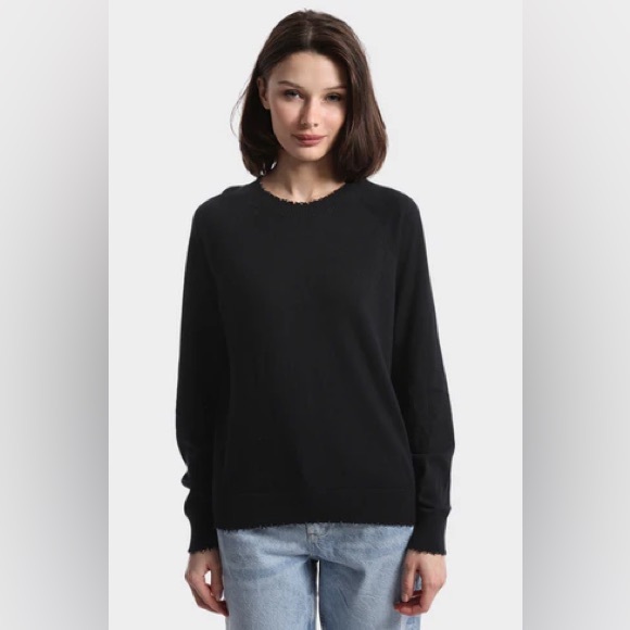 MINNIE ROSE Cotton Cashmere Frayed Edge Crew Black Size Medium - Picture 1 of 6